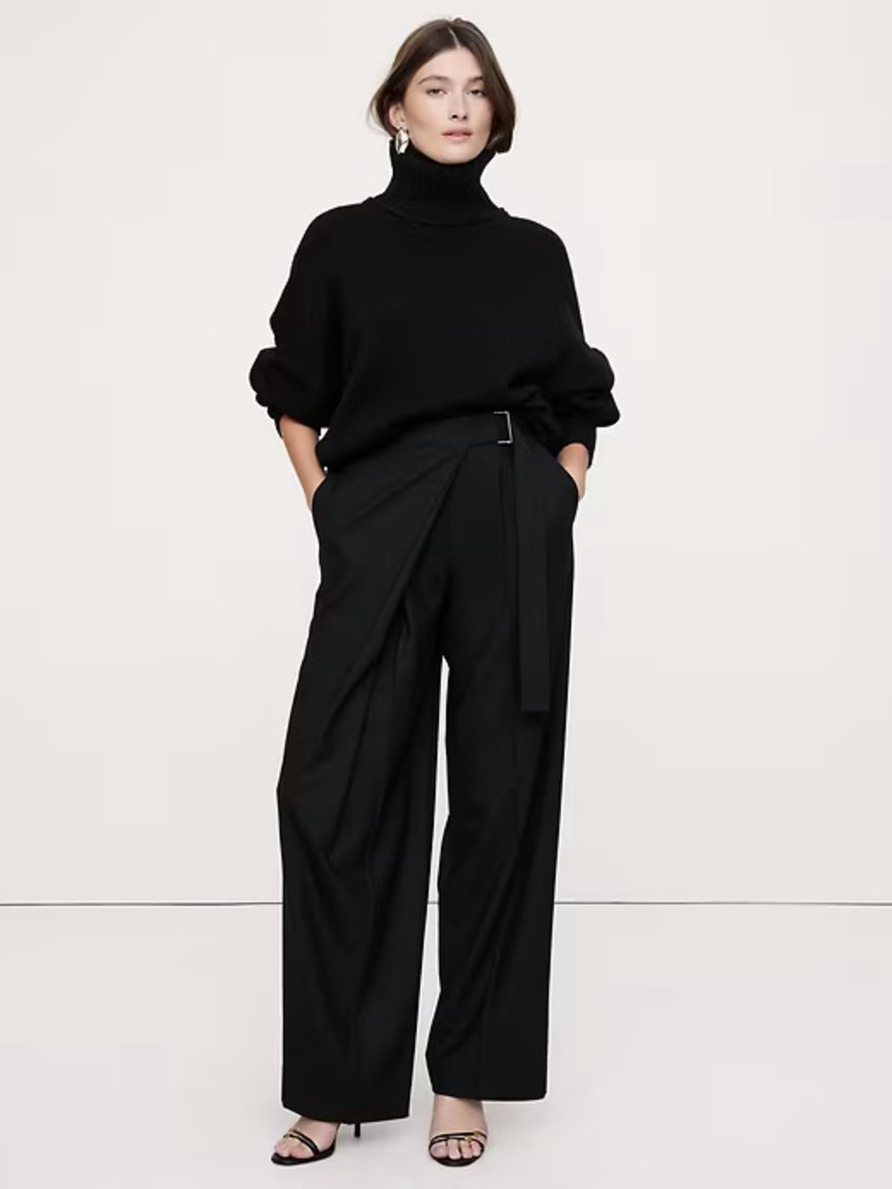 NWT! BANANA REPUBLIC BLACK HIGH-RISE STRAIGHT CROSSOVER FLANNEL PANT - 10 LONG